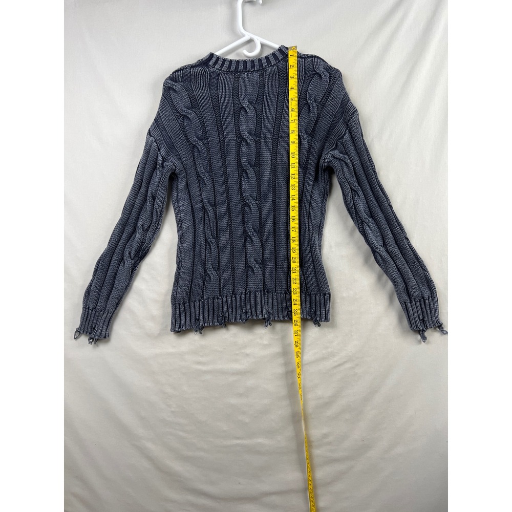 Evereve Cable Knit Sweater Womens Medium Blue Distressed Cotton Crew Neck Artsy - Picture 5 of 9